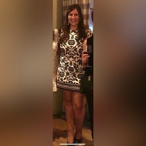 Eliza J White Dress with Blue Floral Pattern, Size 12